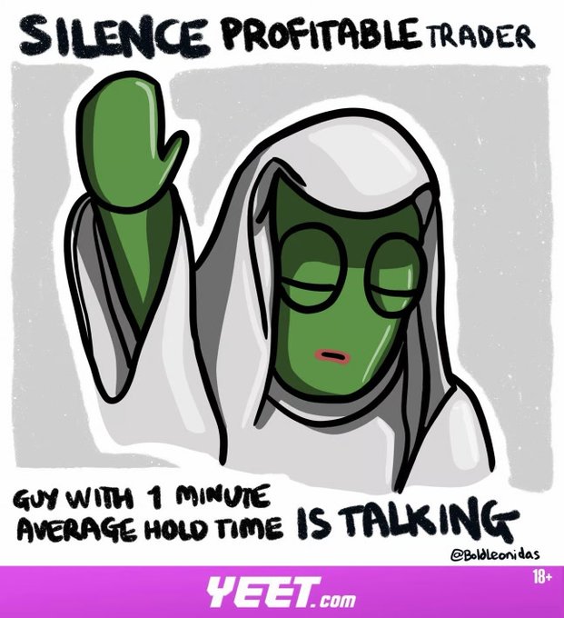 A cartoon from YEET.com (@bobleonidas) depicts a green-faced "profitable trader" in a white hood silencing a small green speech bubble, with the caption "GUY WITH 1 MINUTE AVERAGE HOLD TIME IS TALKING," mocking day traders who boast about short-term crypto moves like the BTC (-2%), ETH (-1%), and SOL (-1%) drops highlighted in today's market summary.