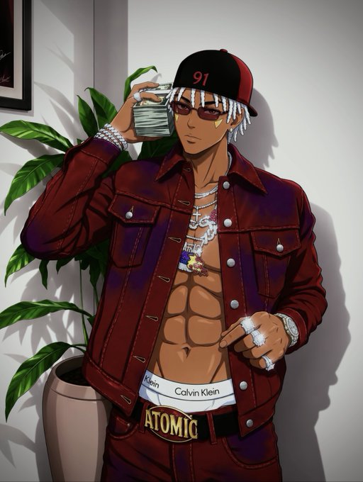 An anime-style illustration of a man wearing a red denim jacket, a black and red cap with '91' on it, sunglasses, multiple silver chains and rings, holding a stack of money, with 'ATOMIC' and 'Calvin Klein' branding visible on his clothing.