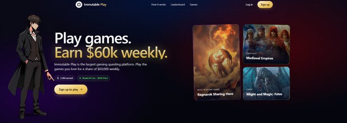 The image features an advertisement for Immutable Play, which is a gaming platform that allows users to play games and earn rewards by completing quests or challenges. The website has a clean and modern design with a purple background and white text. It offers various game options such as medieval fantasy, medieval empire, and others. The post encourages people to join the platform and enjoy their favorite games while also earning rewards for their efforts.