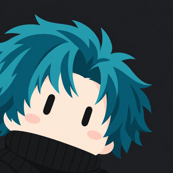 A chibi-style cartoon avatar features a character with messy teal hair, simple black dot eyes, pink blush, and a black turtleneck against a dark background.