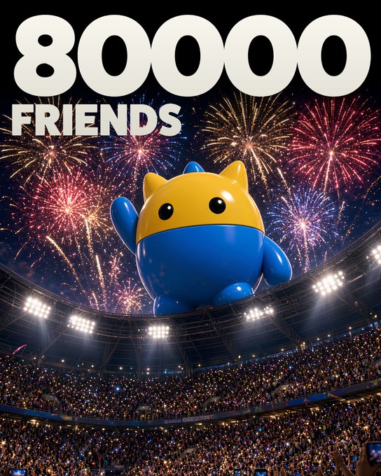 A blue and yellow mascot character floats above a stadium filled with spectators and fireworks, with large white text reading '80000 FRIENDS'.