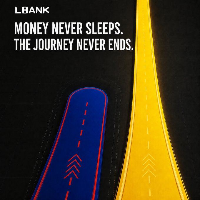 The image features a dramatic visual of two separate roads—one blue and one yellow—diverging against a dark background, with arrows pointing forward. The text reads "LBANK" and "MONEY NEVER SLEEPS. THE JOURNEY NEVER ENDS."

The imagery of two diverging paths visually reinforces the post's message about choices, suggesting that while circumstances may force a selection, the journey—and the decisions ahead—remain yours to navigate.
