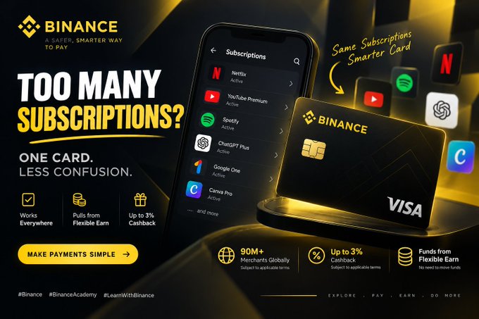 A Binance promotional advertisement for their VISA card highlights managing subscriptions like Netflix, YouTube Premium, Spotify, ChatGPT Plus, and Google One with text "TOO MANY SUBSCRIPTIONS? ONE CARD. LESS CONFUSION."