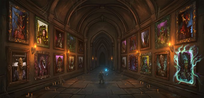 A lone figure holding a glowing blue orb stands in a dark, gothic gallery hall lined with framed NFT portraits, with a teal-glowing frame floating on the right wall—evoking the mystery and excitement of revealing a randomly airdropped NFT from the upcoming WL airdrop and free public mint.