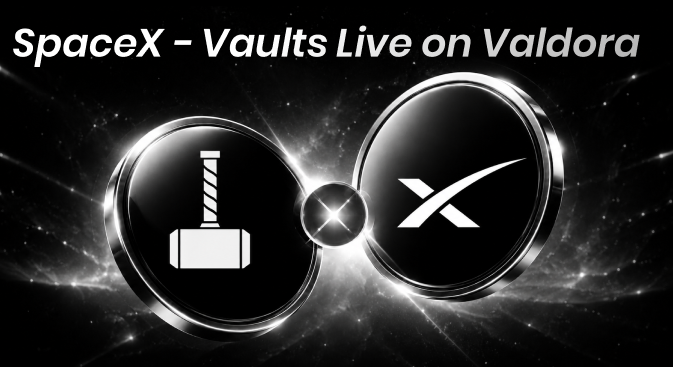 The image features a black background with two circles, one of which has a hammer inside. The text "SPACEX - Vaults Live On Valdor" is written above the circles, and the word "Valdora" is also present in the image. The caption below the image reads "Access SPCXon with @Valdora_finance on $ZIG - @ZIGChain This is huge for retailers".