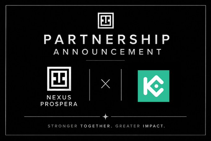 The image features a black background with white text that announces a partnership between two companies - Nexus Prospera and @kucoincom. The text highlights the exciting new collaboration opportunities for KOLs, including exchange campaigns, referral structures, and long-term growth partnerships.