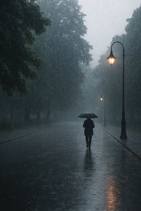 A moody, atmospheric photograph of a solitary figure walking down a tree-lined path in heavy rain while holding a black umbrella, illuminated by glowing vintage street lamps.