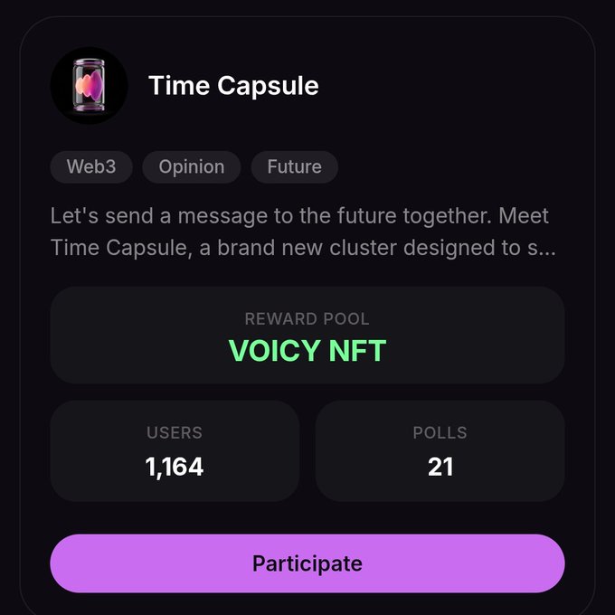 A digital interface displays a 'Time Capsule' feature tagged with Web3, Opinion, and Future, showing a 'VOICY NFT' reward pool, 1,164 users, and 21 polls with a 'Participate' button.