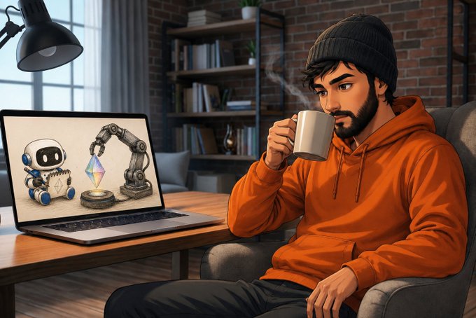 An illustrated scene of a bearded man in an orange hoodie and beanie drinking coffee while working on a laptop that displays a 3D rendering of a robot and a robotic arm.