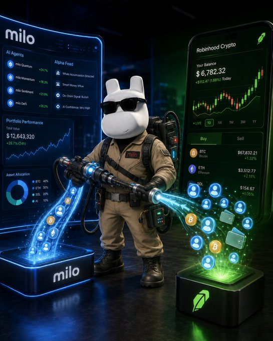 A futuristic figure wearing a white rabbit mask and tactical gear holding a glowing blue device, flanked by holographic displays labeled "milo" showing AI Agents, Portfolio Performance ($12,643,320), and a "Robinhood Crypto" dashboard showing a balance of $6,782.32 with BTC and ETH prices.