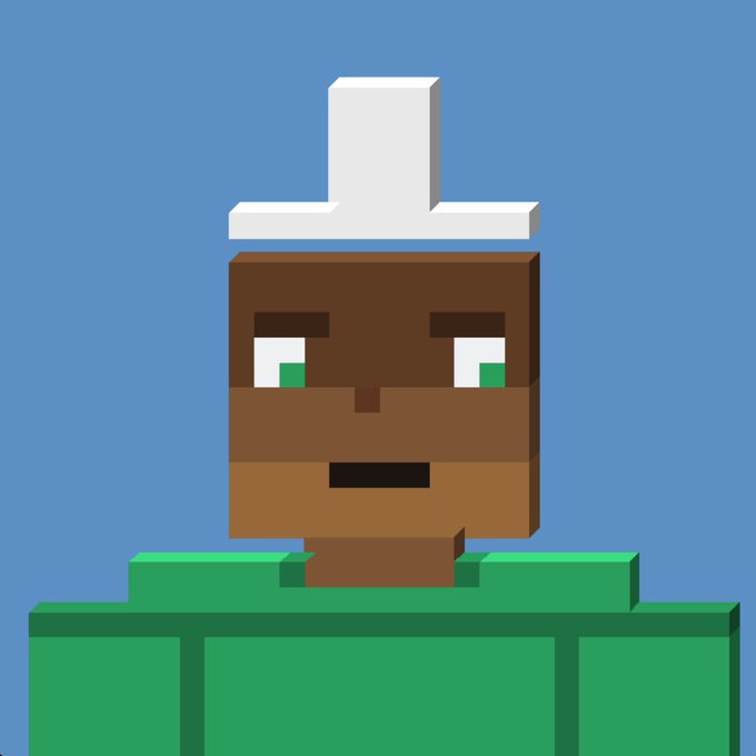 Voxel-style 3D pixel art character portrait of a blocky figure with dark brown skin, green eyes, a white hat or headpiece, and a green shirt against a blue background.