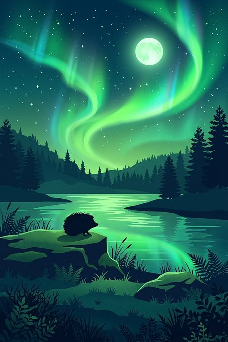 An illustration of a hedgehog standing on a rock by a lake at night, with pine trees, a full moon, and green auroras in the starry sky.
