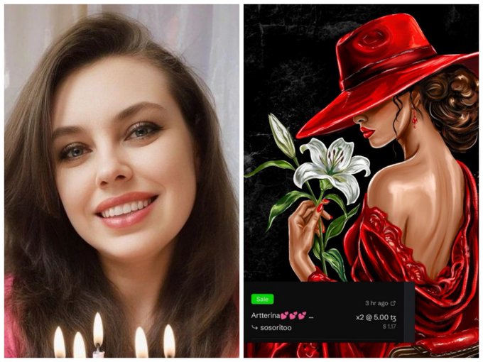 A split image showing a smiling woman with birthday candles on the left and a digital illustration of a woman in a red hat and dress holding a white lily on the right, overlaid with a cryptocurrency donation widget for 'sosoritoo'.