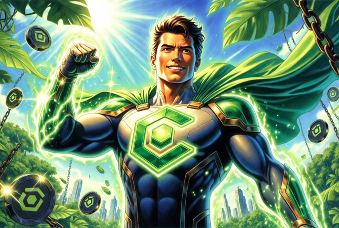 The image features a man dressed as Superman wearing a green cape and holding up his fist. The background of the image shows a cityscape with buildings and trees, creating an urban setting for the superhero's adventures. The caption above the image reads "The future of Web3 is unfolding right under the Canopy. This is not just another chain. @CNPYNetwork Network gives builders the power to launch sovereign L1 appchains in minutes with built-in restaked security, recursive scaling, and AI-native tools that actually make sense."