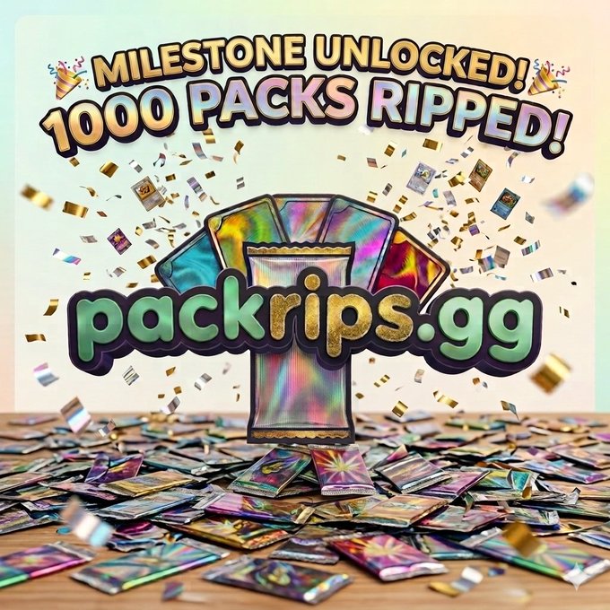 A promotional graphic celebrating a "MILESTONE UNLOCKED! 1000 PACKS RIPPED!" for the website packrips.gg. The design features a fan of holographic trading cards, scattered packs on a wooden surface, and falling confetti.