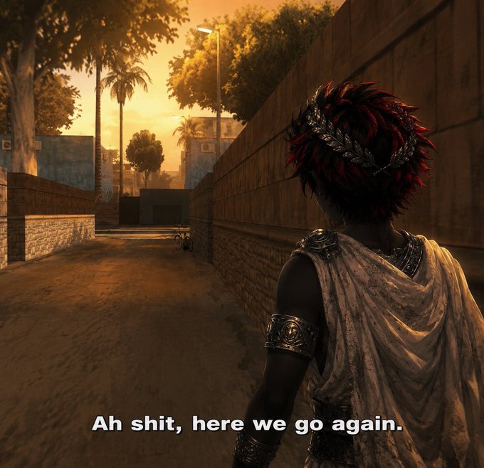 A video game character with red spiky hair and a laurel wreath looks down a sunlit street, captioned 'Ah shit, here we go again.'