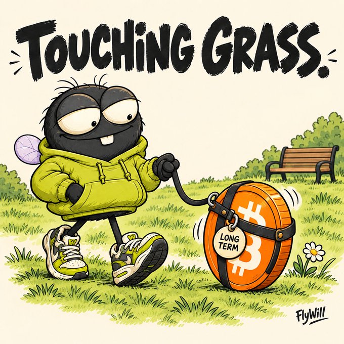 Cartoon illustration titled "TOUCHING GRASS" by FlyWill showing a small bug-like character in a yellow hoodie walking a Bitcoin coin tagged "LONG TERM" on a leash.