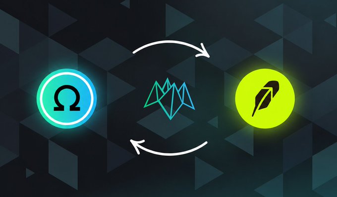 A graphic illustration showing cryptocurrency exchange between Ohm (Ω) and what appears to be a feather/leaf logo, connected by curved arrows with a geometric mountain symbol in the center.