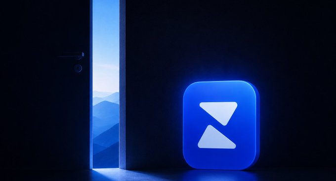 A glowing blue app icon featuring a stylized "Z" logo floats in a dark, minimalist room as a door opens to reveal a misty mountain landscape, symbolizing a portal to clarity. The image visually represents the post's message about Zerion—a crypto app—where opening it feels like stepping into a new perspective on portfolio management.