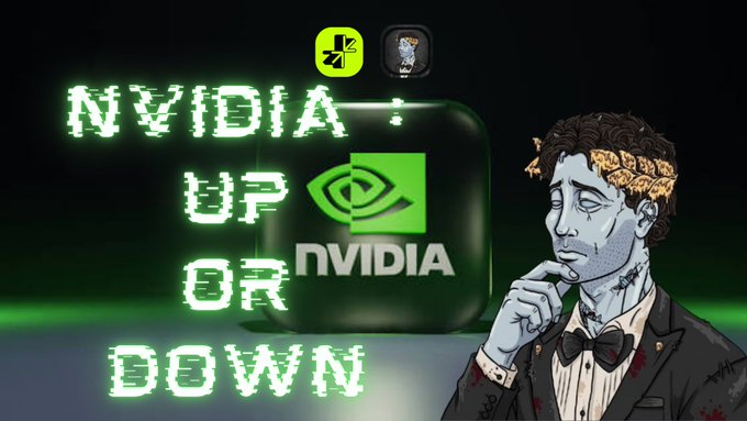 A digital illustration features a contemplative character in a thinking pose alongside the text "NVIDIA: UP OR DOWN" and the Nvidia logo, suggesting a financial prediction or analysis video.