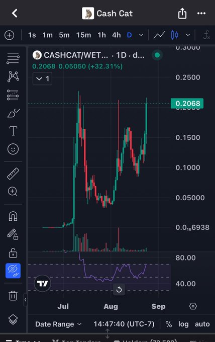 A TradingView candlestick chart for CASHHCAT/WET on a 1-day timeframe, showing a current price of 0.2068 with a 32.31% increase.