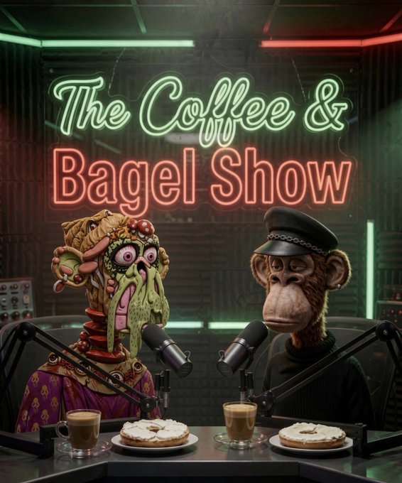 A surreal illustration of a decaying figure and a monkey in a military cap hosting a podcast called "The Coffee & Bagel Show" in a neon-lit studio.