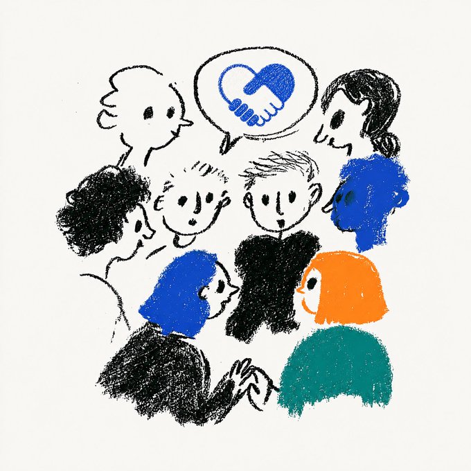 A hand-drawn illustration of a diverse group of people standing in a circle with a speech bubble showing a blue handshake, symbolizing agreement or community.