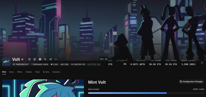 A webpage for an NFT collection called 'Volt' displayed on a dark, cyberpunk-themed cityscape background, showing minting progress and collection stats.
