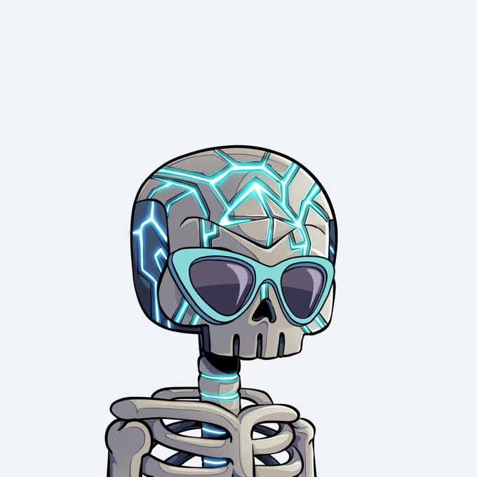A cartoon illustration depicts a gray skeleton head and torso featuring glowing blue cracks and wearing turquoise sunglasses against a plain gray background.