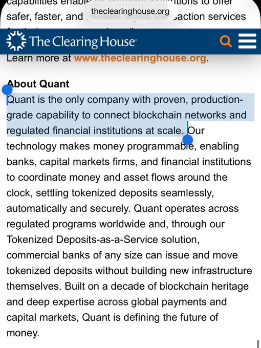 The image shows an "About Quant" description from theclearinghouse.org, highlighting Quant as a leader in connecting blockchain networks with regulated financial institutions, enabling programmable money through tokenized deposits-as-a-service solutions for banks worldwide.

This directly supports the "shots fired" at critics message by showcasing Quant's proven, production-grade capabilities and real-world adoption—evidence that $QNT is far beyond trial phases, actively operating across regulated programs globally.