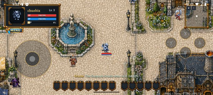 A screenshot from a mobile RPG showing a character "chuubix" (Level 3) in a town square with a fountain, displaying stats and UI elements with text "Oracle The Gardoyle's Oracle dawn is in 2d 22h".