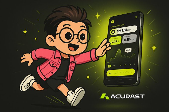 An ACURAST promotional graphic showing a cartoon character with glasses running alongside a smartphone displaying cryptocurrency trading data showing '1251.68 USD' and '8.382 ETH'.