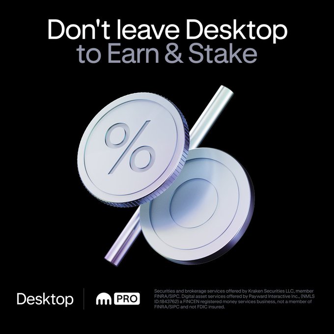 A sleek advertisement for Kraken Desktop features two metallic coins—one engraved with a percent symbol (%) and another with a circular design—set against a black background with the tagline "Don't leave Desktop to Earn & Stake." Kraken's branding and a regulatory disclaimer appear at the bottom, promoting the platform's Earn & Stake features directly accessible through the desktop app.