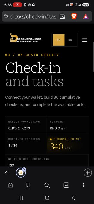 The image shows a mobile screenshot of the Decentralized Intelligence (DI) website's check-in and tasks page at di.xyz/check-in#tas, displaying 1/30 check-in progress on BNB Chain with 340 personal points earned. This relates to the post about joining the @Didotxyz_ project on BNB Chain for its points program and potential NFT/Whitelist rewards.