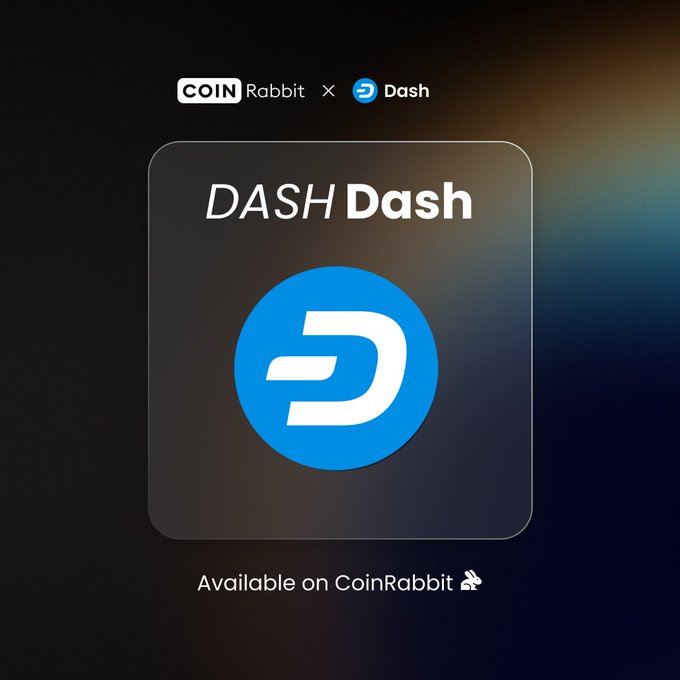 A promotional graphic shows the 'DASH Dash' cryptocurrency logo in blue and white, with 'COIN Rabbit x Dash' at the top and 'Available on CoinRabbit' at the bottom.