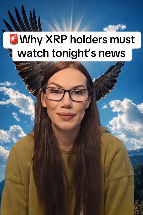 The image features a woman wearing glasses, with her hair styled in long waves, sitting against a backdrop of a blue sky dotted with clouds. The caption reads "Why XRP holders must watch tonight's news", which seems unrelated to the main subject matter. However, there is an overlay of a bird on top of the woman's head that adds a unique and interesting detail to the image.