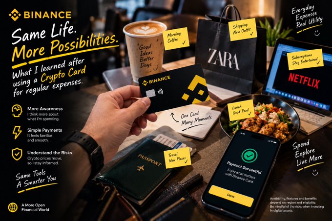 A hand holds a Binance Card amid everyday items—a coffee cup, Zara shopping bag, Netflix subscription screen, food bowl, and a phone displaying a successful payment—illustrating how the card blends seamlessly into routine expenses like morning coffee, shopping, entertainment, and dining. The accompanying "More Awareness," "Simple Payments," and "Understand the Risks" labels reinforce the post's message about gaining spending mindfulness through regular crypto card use.