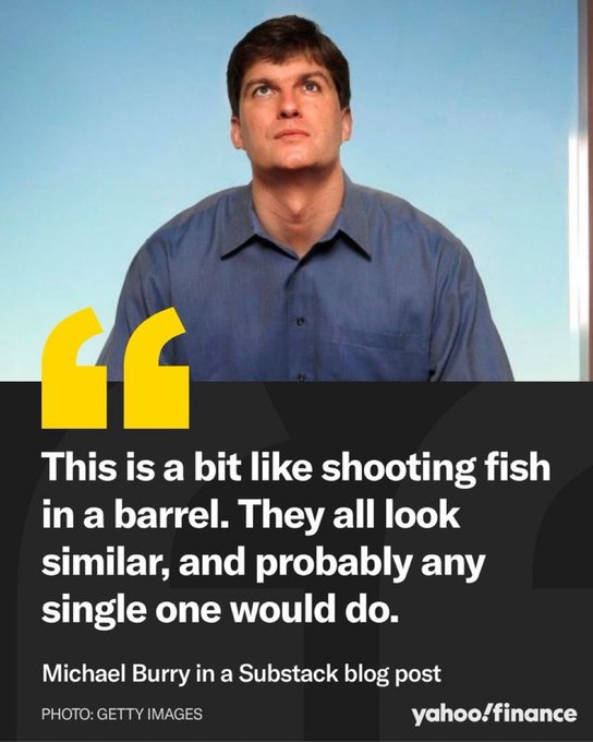 A Yahoo Finance graphic featuring a photo of Michael Burry with a quote: 'This is a bit like shooting fish in a barrel. They all look similar, and probably any single one would do.' from a Substack blog post.