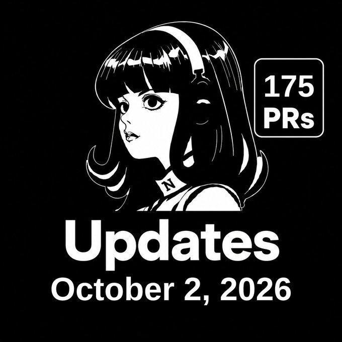 A black and white graphic illustration of an anime-style girl features the text '175 PRs' and 'Updates October 2, 2026'.