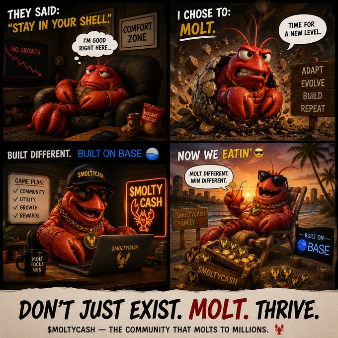 A four-panel comic featuring an anthropomorphic hermit crab progresses from lounging in a "Comfort Zone" to breaking out of its shell ("I chose to: MOLT"), then working hard on a "$MOLTYCASH" business setup, and finally relaxing on a beach surrounded by gold coins with the tagline "Don't just exist. MOLT. THRIVE. $MOLTYCASH — The Community That Molts To Millions." The visual narrative mirrors the post's message of shedding one's old shell to adapt and evolve, promoting the $MOLTYCASH community as the pathway to building wealth.