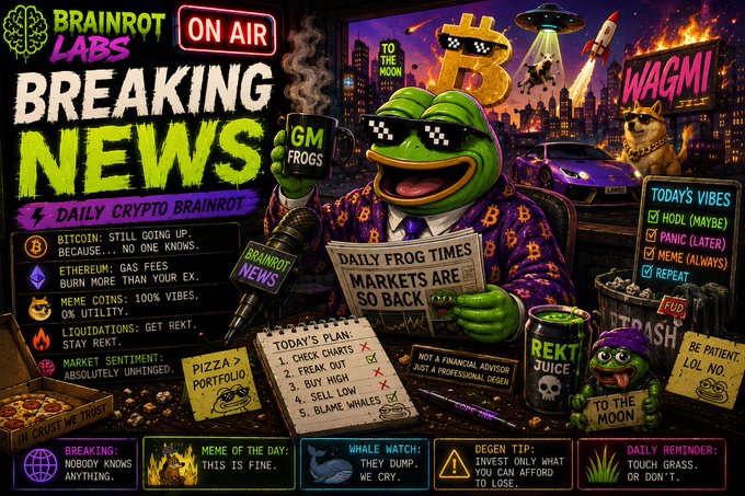 A chaotic 'BREAKING NEWS' broadcast graphic from Brainrot Labs featuring a Pepe the Frog news anchor in a purple patterned robe, delivering 'DAILY CRYPTO BRAINROT' about Bitcoin, Ethereum, meme coins, and market sentiment.