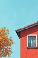 A small illustration of a red building with a single window next to a yellow autumn tree against a light blue sky.