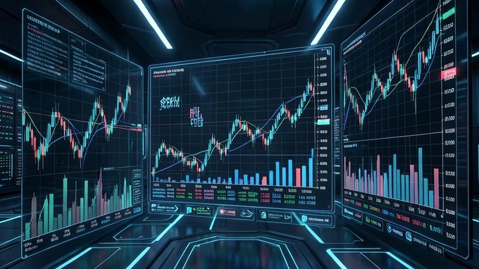 Three curved digital screens display financial candlestick charts and volume bars in a futuristic dark trading setup.