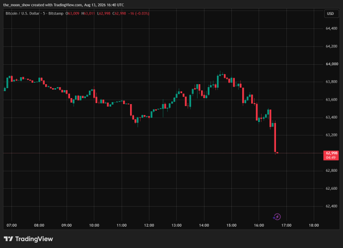 A TradingView Bitcoin/U.S. Dollar 5-minute chart from the_moon_show dated Aug 13, 2026, showing BTC price declining to 62,998 USD with a -46 (-0.03%) change.