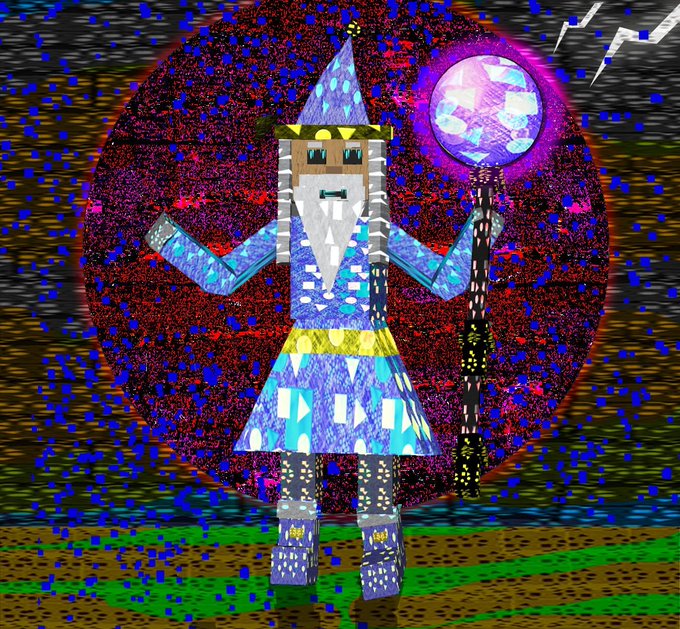 A pixel-art illustration of a wizard-like character in a blue pointed hat and robe holding a glowing purple orb-topped staff, set against a vibrant, abstract red and blue cosmic background.