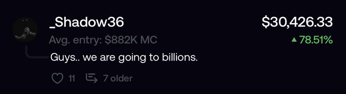 A social media post by user "_Shadow36" showing a portfolio value of $30,426.33 with a 78.51% gain, an average entry of $882K MC, and the caption "Guys.. we are going to billions." This aligns with the accompanying bullish sentiment about a token called "$urmom" aiming for 1000x gains.