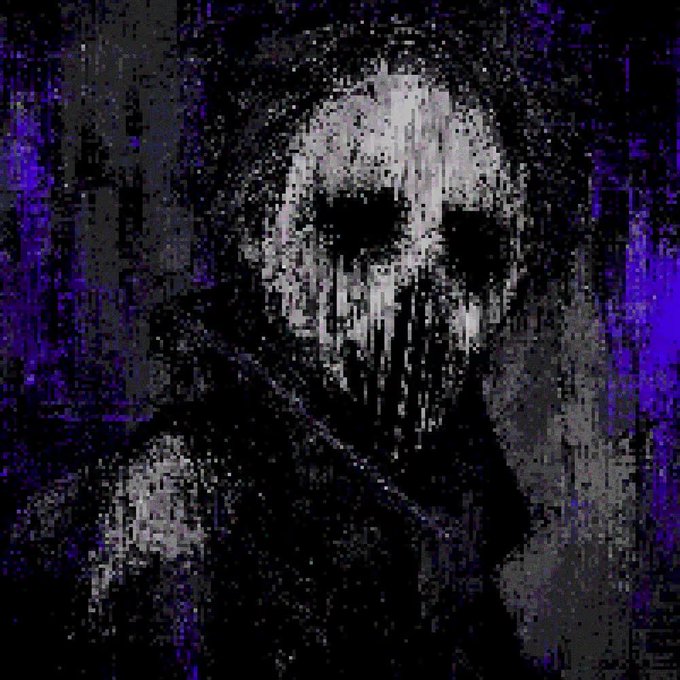 A dark, glitchy, horror-style digital illustration of a hooded figure wearing a skull-like mask with hollow eyes, set against a purple static background.