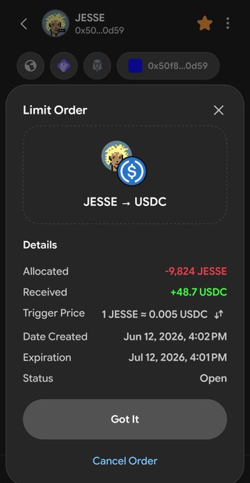 The image shows a phone screen with an app that displays information about a limit order for JESSE. The app has a status bar showing whether the order was completed or not, and a message indicating if there are any errors or issues with the order. There is also a "Get it" button on the bottom right corner of the image.