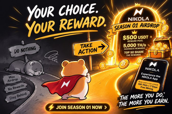 NIKOLA Season 01 Airdrop promotional graphic with 'Your Choice. Your Reward.' text, showing a bear choosing between 'Do Nothing' and 'Take Action' paths, featuring $500 USDT reward pool, 5,000 TH/s hashrate rewards, and 100 TH/s x 7 Days free mining.