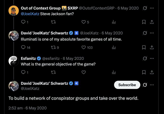 A screenshot of a Twitter/X conversation from May 6, 2020, where David Schwartz (@JoelKatz) describes his favorite game Illuminati as having the objective "To build a network of conspirator groups and take over the world," referencing the classic Steve Jackson card game.
